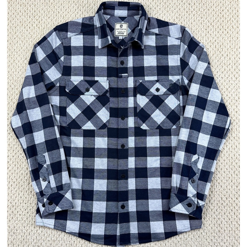 Born Primitive Flannel Shirt Mens Small Navy Woodsman Stretchy Plaid Long Sleeve